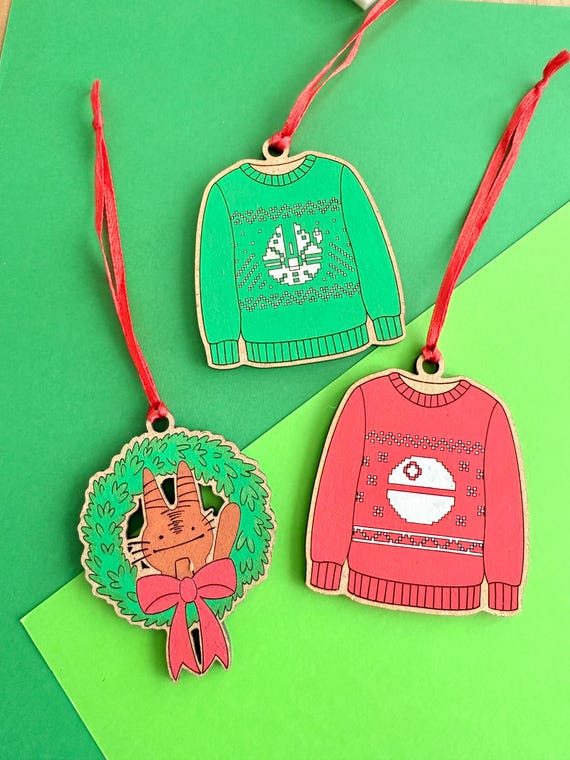 Ugly sweater and Loth wreath Holiday Ornaments, Gift tags, stocking stuffers