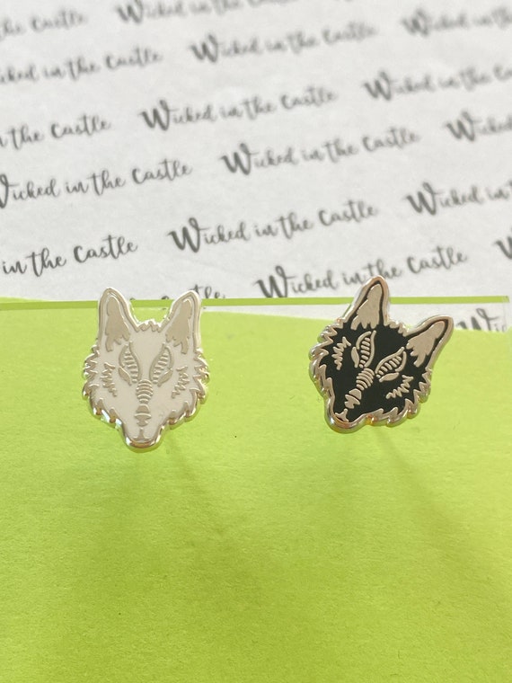 Wolf , Stud Earrings, hard enamel silver plating