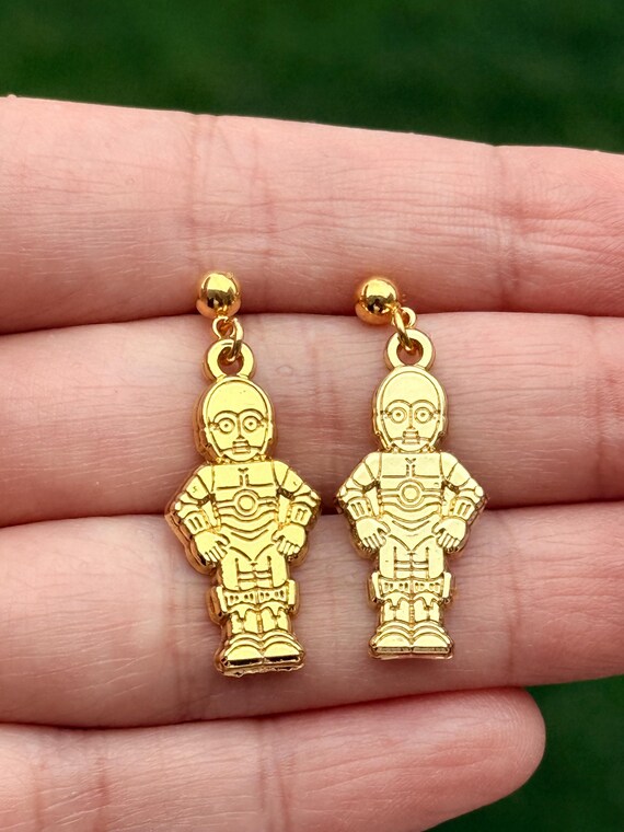 C3P0 , (Pair) Studs, dangle and clip ons earrings hard enamel silver plating