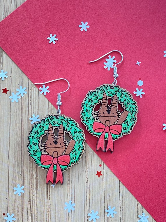 Cat Wreath earrings , hand painted, limited edition