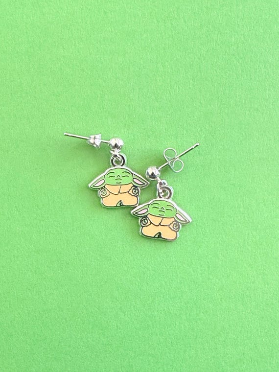 Grogu earrings, (Pair) Stud Earrings, clip on earrings, hard enamel silver plating