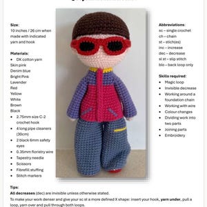 May include: A crochet doll pattern titled Turbo Era 1, featuring a brown-haired figure wearing red sunglasses, a pink and purple jacket, and denim blue pants. The document includes lists for materials, abbreviations, skills, and tips for assembly.