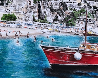 Positano Boat Ride, Fine Art Print, Wall Decor, Positano, Amalfi Coast, Italy Painting, Wedding Gift, Birthday Gift, Anniversary, Italy Gift