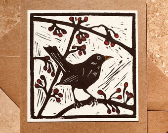 Blackbird and Berries - Hand-printed Linocut Greetings Card, Mother’s Day, Christmas, Holiday Card, Birthday, Anniversary, Thank you note