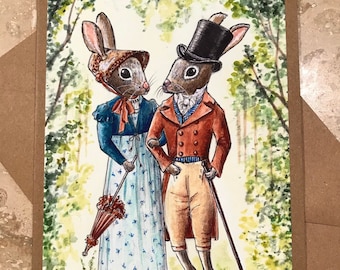 Jane Austen, Regency Rabbits Card, Anniversary, Engagement, Wedding, Valentine, Elizabeth Bennett, Mr Darcy, Pride & Prejudice