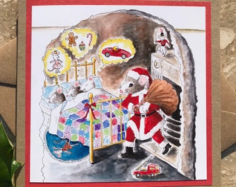 Maus Weihnachtskarte “Father Christmouse”, Tier Weihnachtskarte, Feiertagskarte, Maus, Mäuse, gemütlich, wunderlich, niedlich