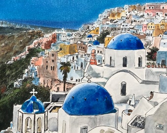 Summer in Santorini, Fine Art Print, Wall Decor, Santorini Oia Print, Greek Islands, Greece Painting, Wedding, Birthday, Anniversary Gift