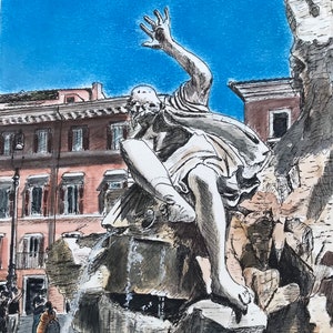 Rome Four Rivers Fountain, Rome Art Print, Wall Decor, Rome Painting, Italy Painting, Wedding Gift, Birthday Gift, Anniversary, Italy Gift