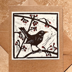 Amsel und Beeren - Handgedruckte Linolschnitt-Grußkarte, Muttertag, Weihnachten, Feiertagskarte, Geburtstag, Jahrestag, Dankeschön