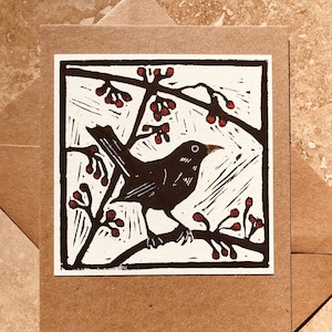 Blackbird and Berries - Hand-printed Linocut Greetings Card, Mother’s Day, Christmas, Holiday Card, Birthday, Anniversary, Thank you note