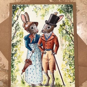 Tarjeta de Jane Austen, Conejos de la Regencia, Aniversario, Compromiso, Boda, San Valentín, Elizabeth Bennett, Mr Darcy, Orgullo y Prejuicio