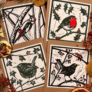 Kartenkollektion Wintervogel - Handgedruckte Linolschnittkarten Rotkehlchen, Amsel, Zaunkönig und Specht, Muttertag, Geburtstag, Weihnachten, Feiertag