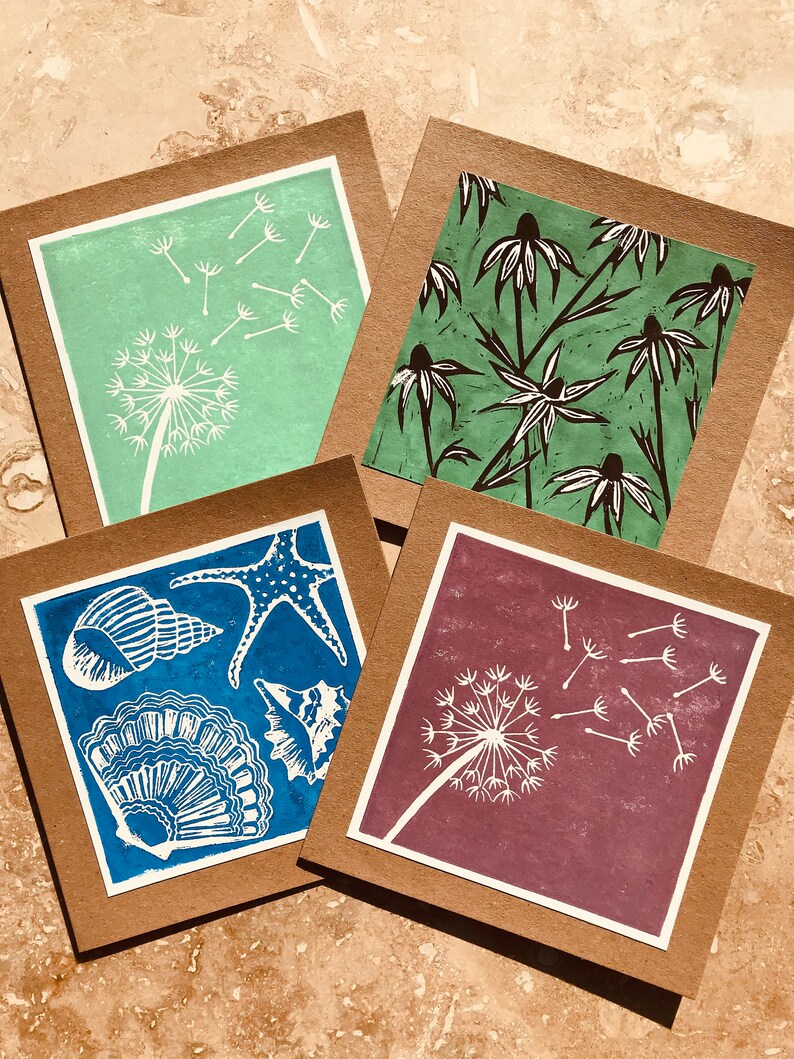 Anniversary Easter Birthday Thank you note A set of four hand-printed linocut greetings cards Mother/'s Day