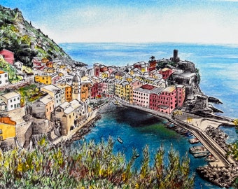 May include: A colorful watercolor painting of a small Italian village nestled on a cliff overlooking a blue sea. The village is filled with colorful buildings, a church with a dome, and a small harbor with boats. The painting is done in a realistic style with a focus on detail.
