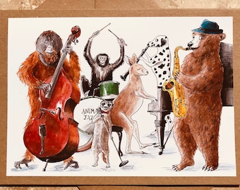 Jazz Greetings Card, Jazz Lovers, Music Fans, Father’s Day, Celebration, Birthday, Orangutan, Bear, Chimpanzee, Meerkat, Kangaroo, Dog