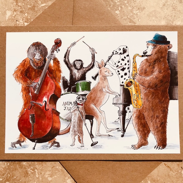 Jazz Greetings Card, Jazz Lovers, Music Fans, Father’s Day, Celebration, Birthday, Orangutan, Bear, Chimpanzee, Meerkat, Kangaroo, Dog