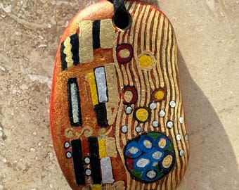 Klimt inspirierter handbemalter Kieselsteinanhänger, Gustav Klimt, Jugendstil Halskette, Art Deco Halskette