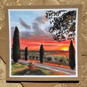 Carte de coucher de soleil toscan, Italie, Toscane, Val d'Orcia, Chianti, anniversaire, anniversaire, amoureux de l'Italie, méditerranéen, cyprès, olivier