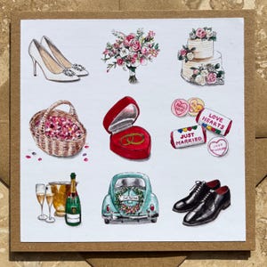 Handgemaakte trouwkaart, gepersonaliseerde wenskaart, afbeelding trouwauto, illustratie trouwschoenen, bruidsboeketkunst