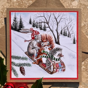 Traîneau de Noël animaux de la forêt, carte de Noël, carte de vœux, animaux de la forêt, hérisson, écureuil, lièvre, rouge-gorge, confortable, fantaisiste, mignon