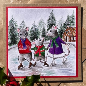 Schaatsers, dieren kerstkaarten, kerstkaarten, muis, muizen, schaatsen, gezellig, grillig