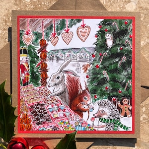 Kerstmarkt bosdieren, kerstkaart, kerstkaart, bosdieren, egel, eekhoorn, haas, roodborstje, gezellig, grillig, schattig