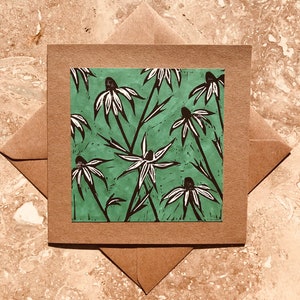 Cartão de cumprimentos Linocut impresso à mão Rudbeckia, aniversário, aniversário, nota de agradecimento, Páscoa, dia das mães, cartão de verão