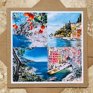 Cartes postales d'Italie, peinture d'Italie, Positano, Amalfi, Varenna, Riomaggiore, anniversaire, anniversaire de mariage, amoureux de l'Italie