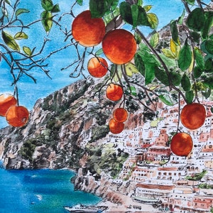 Positano Oranges, Amalfi Coast Print, Wall Decor, Positano Painting, Italy Painting, Wedding, Birthday, Anniversary, Italy gift