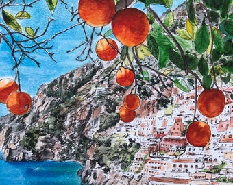 Positano Oranges, Amalfi Coast Print, Wall Decor, Positano Painting, Italy Painting, Wedding, Birthday, Anniversary, Italy gift