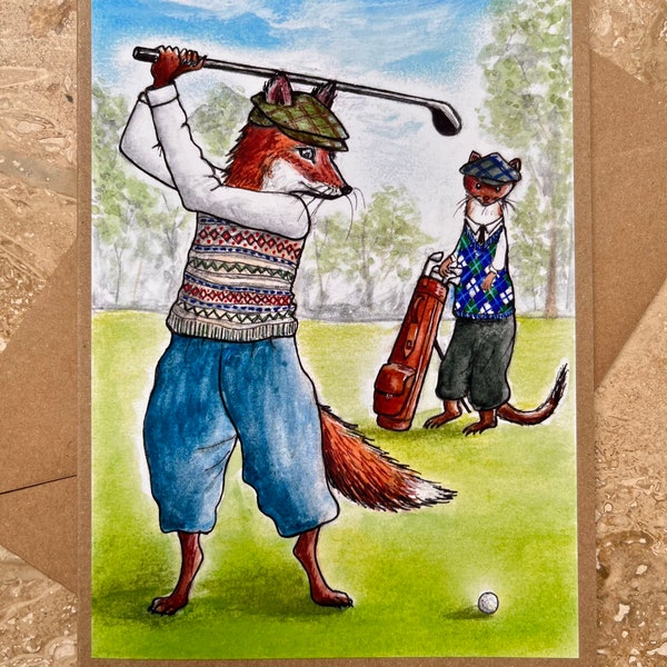 Golf Father’s Day Card, Golf, Fox, Stoat, Father’s Day, Birthday, Golf Player, Card for Him, Funny Golf Card