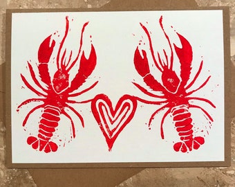 Lobster Love, Linocut Card, Valentine’s Day, Anniversary, Engagement, Wedding, You’re my Lobster, Boyfriend, Girlfriend
