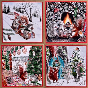 Collection de cartes de Noël animaux de la forêt, cartes de vœux, animaux de la forêt, hérisson, écureuil, lièvre, rouge-gorge, confortable, fantaisiste, mignon