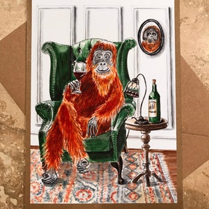 De kenner-wenskaart, verjaardag, wijnliefhebber, orang-oetan, jubileum, gefeliciteerd, feest, Vaderdag