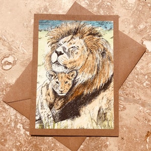 Biglietto d'auguri con leone e cucciolo, segno zodiacale Leone, zodiaco Leone, festa del papà, compleanno, regalo per la festa del papà, biglietto d'auguri fatto a mano