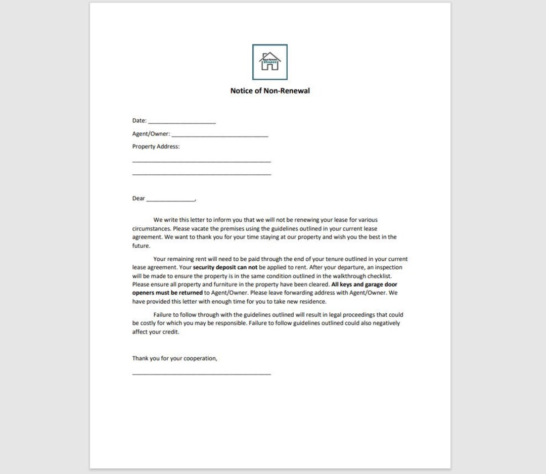 Notice Of Non renewal Of Lease Etsy