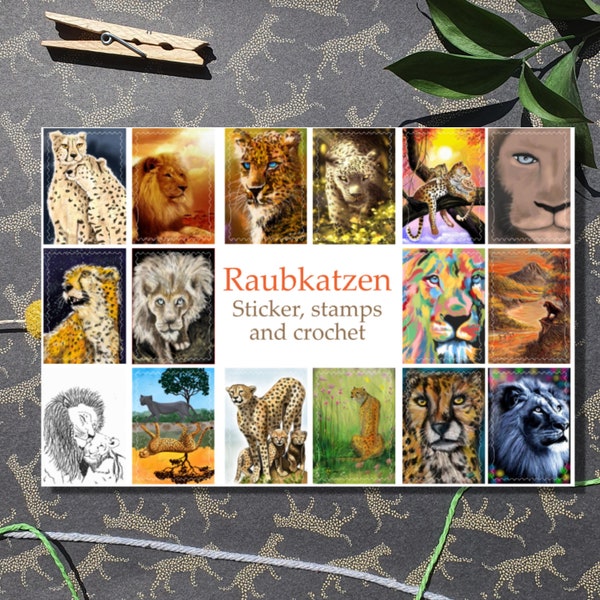 Sticker im Briefmarken-Stil RAUBKATZEN für Journaling, Scrapbooking, Briefe oder Postkarten