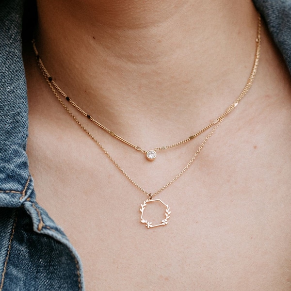 Double Layer Geometric Hexagon Crystal Necklace |Multilayer Geometric Leaf Necklace|Multi Strand Layered Necklace|Bridesmaid's Mother's Gift