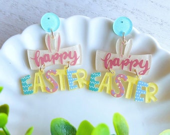 Happy Easter Acrylic Lightweight Earrings | Sparkling Glitter Bunny Ear Pastel Color Dangle Drop | Easter Gift Basket Filler Cute Earrings