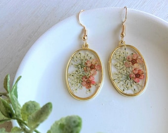 Baby's Breath Pressed Flower Earrings | Real Wildflower Earrings | Dry White Orange Flower Oval Earrings | Resin Dried Floral Dangle Drop