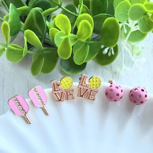 SET Enamel Pickleball Earrings | Pickleball Jewelry | Pickleball Stud Acrylic Earrings | Pickleball Ball Earrings |Paddle Charm Sports Gift