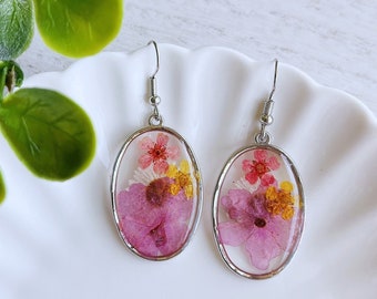 Daffodil Pressed Flower Earrings | Real Narcissus Earrings | Dry Multicolor Flower Oval Earrings | Resin Dried Colorful Floral Dangle Drop