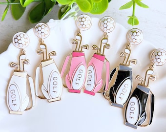 Set di orecchini e collana ipoallergenici da golf / Orecchini pendenti da golf / Set di gioielli da golf / Ciondolo da golfista in smalto con borchia da golf, regalo sportivo