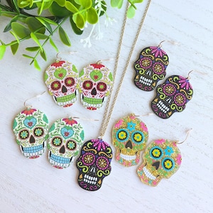 Sugar Skull Earrings Necklace | Colorful Day of the Dead Earrings | el Día de los Muertos Earrings | All Souls Day Jewelry | Halloween Skull