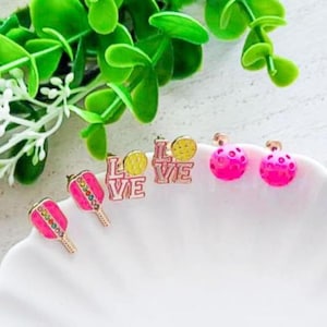 SET Enamel Pickleball Earrings | Pickleball Jewelry | Pickleball Stud Acrylic Earrings | Pickleball Ball Earrings |Paddle Charm Sports Gift