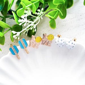 SET Enamel Pickleball Earrings | Pickleball Jewelry | Pickleball Stud Acrylic Earrings | Pickleball Ball Earrings |Paddle Charm Sports Gift