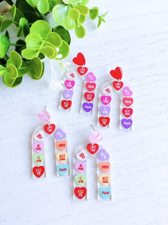 Valentine's Day Acrylic Arc Earrings | Love you Hug Me Cutie Xoxo Be Mine Te Amo Kiss Me Mwah Dangle Drop | Lightweight Valentines Gift Her