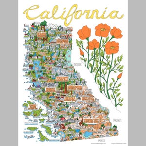 May include: A colorful illustrated map of California with the word "California" in yellow script at the top. The map is filled with small illustrations of landmarks, cities, and natural features. On the right side of the map, there are orange California poppies.