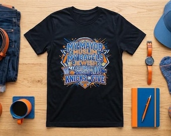 Camiseta de los Knicks en 5, Camiseta de los Knicks en cinco, Camiseta "Mi alcalde musulmán, mis bagels judíos", Camiseta de los NY Knicks, Camiseta de los Knicks, Camiseta de los Knicks, Camiseta de los NY Knicks