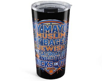 Knicks in 5, Knicks in cinque, Il mio sindaco è musulmano, il mio bagel è ebreo Tumbler / Tazza da viaggio per tifosi dei NY Knicks
